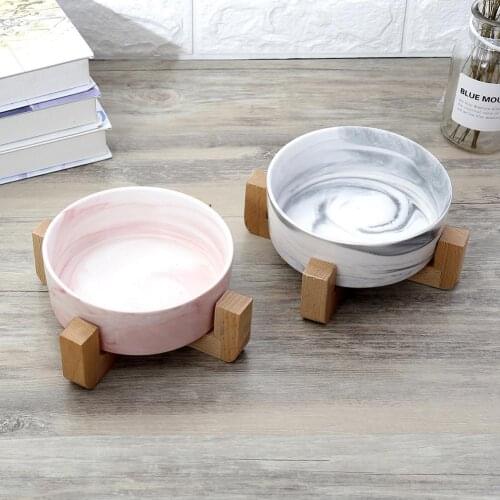 HobbyLane Marbling Ceramic Bowl with Wooden Rack for Pet Food Water Drinking Feeder