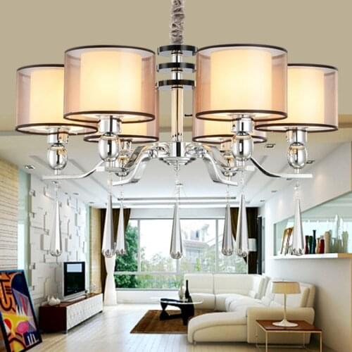 Chandelier Modern Lighting Fabric Lampshade Dinning Room Modern Crystal Chandelier Light High Quality Metal Paint Lamp