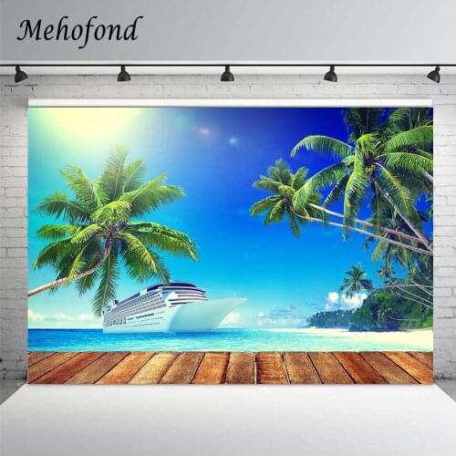 Mehofond Hawaii Holiday Photography Backdrops Summer Blue Sky Sea Cruise Ship Palms Tree Background Photo Studio Photophone Prop