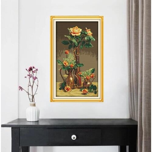 Gold Roses Handmade Cross Stitch Kit Printed Canvas Home Decore broderie 14CT Canvas DMC Embroidery Needlework Cross-stitch set