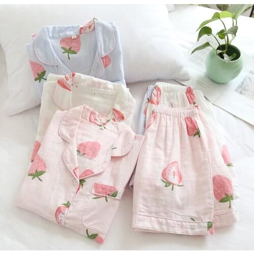 2021 New Women Pajama Suit Cotton Double Gauze Strawberry Print Short Sleeve Shorts Cute Comfortable Female Pink Home Service Su