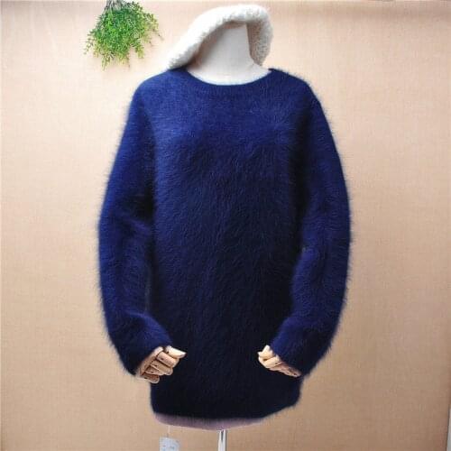 A259 heavy thick warm knitwear inside navy blue winter mink cashmere o-neck loose pullover angora hair jumper woman girl sweater