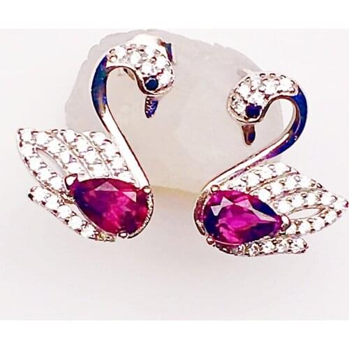 Natural real garnet swan style stud earring Per jewelry 0.9ct*2pcs gemstone 925 sterling silver Fine jewelry X21785