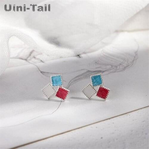 Uini-Tail hot new 925 sterling silver simple color square earrings sweet fashion cute geometric color earrings high quality