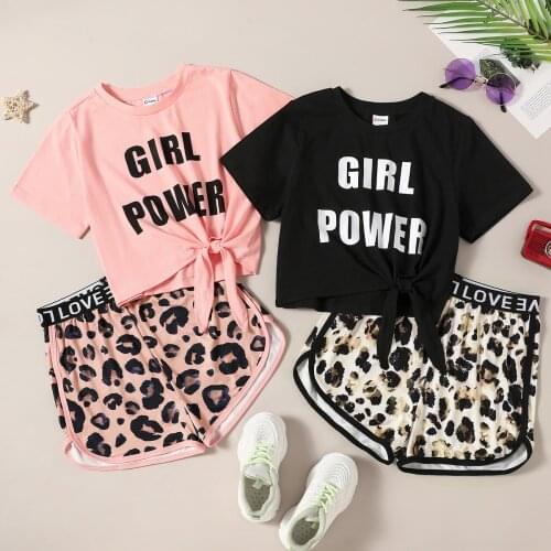 PatPat Pretty Kid Girl Sporty Letter Bowknot Leopard Print 2-piece Casual Set
