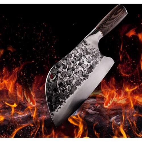 Traditional Handmade Forged Kitchen Knife Hammer Stainless Steel Chefs Chopper Cooking Knive Wooden Handle Meat Slicer Butcher
