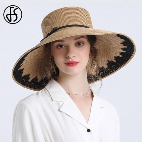 FS Black Pink Large Sun Hats For Women Big Wide Brim Summer Straw Hats Beach White Panama Sun Caps Foldable Chapeu Feminino