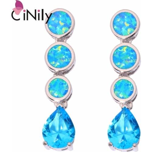CiNily Created Blue Fire Opal Blue Zircon Silver Plated Earrings Wholesale Elegant for Women Jewelry Stud Earrings 1 1/4" OH3437
