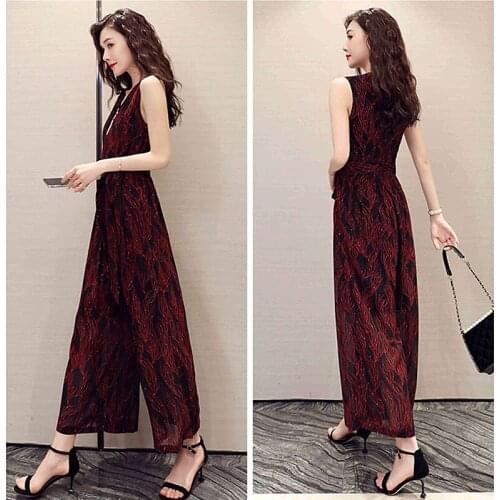 2019 Summer New Large Size Women Playsuit Fashion Temperament Color Slim Thin High Waist Loose V-neck Jumpsuit Womens Clothing