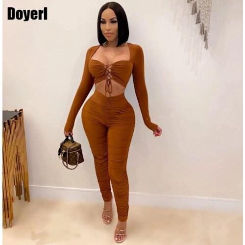 Women Sexy Summer Two Piece Pants Sets Womens Outfits 2021 Slim Lace Up Crop Top Ruched Pants Set 2 Piece Club Outfits for Women