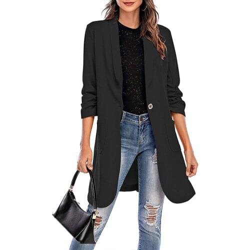 WYBLZ Autumn Long Slim Blazer Noir Women Office Qualities Lady Blazer Jacket Three Quarter Sleeve Solid Color Pockets Suit Coat
