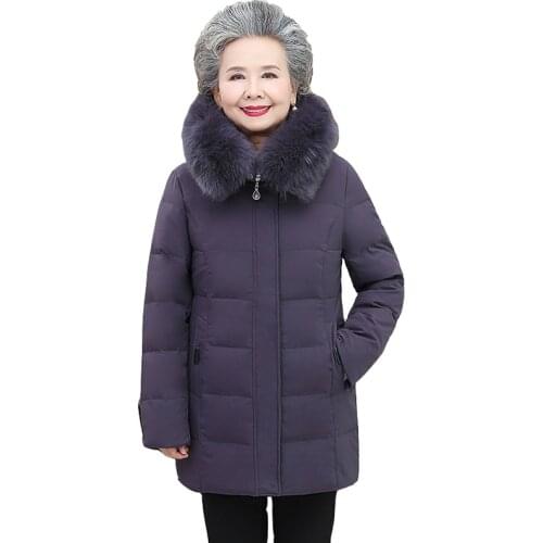 Winter Warm Jacket Female Mother Down Jacket Long Loose Real Fur Collar Parka Overcoat Woman Hooded White Duck Down Jacket Women