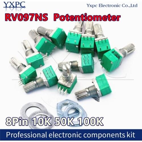 5pcs RV097NS 8pin B 10K 50K 100K RV097 RK097NS single linked potentiometer with switch audio shaft 15mm power amplifier sealing