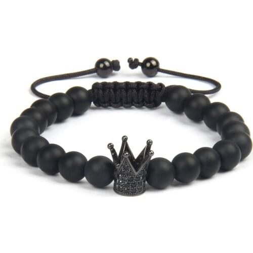 Ailatu CZ Crown Charm Macrame Bracelet Couple Black and Red Matte Beads Luxury Men Pulseira Masculina Jewelry