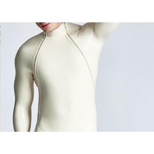 Handmade Male Black Bodysuit Latex Rubber Catsuit with Double-Diagonal Zipper Custom Made Jumpsuit Men Cosplay Costumes