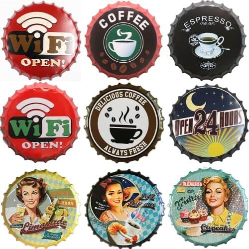 Coffee Retro Beer Bottle Caps Cafe Bar Signboard Vintage Metal Poster Cafe Wall Decoration 35cm