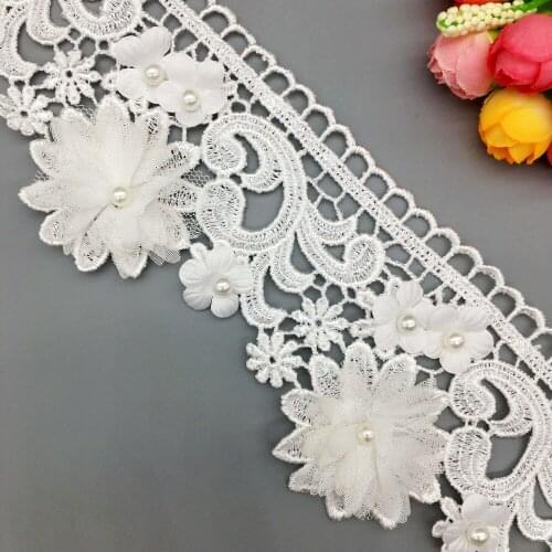 1 Yard White 9cm Pearl 3D Flower Tassel Lace Trim Ribbon Fabric Embroidered Applique Sewing Craft Wedding Dress Clothes