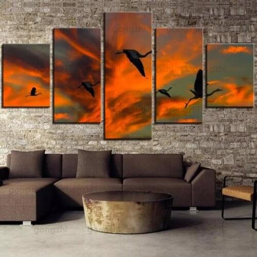 Flying Wild Goose Crane At Dusk Golden Yellow Sky Landscape Poster Custom Autumn Frameless Home Canvas Printing Wall Painting