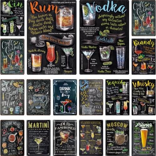 Metal Tin Signs Rum Gin Brandy Martini Tin Posters Home Bar Tavern Public House Wall Door Decor Iron Painting Metal Plate Plaque