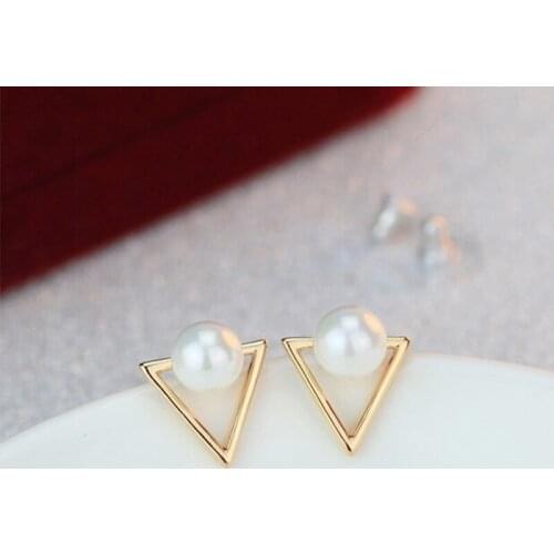 Fashion Geometry Triangle Pearl Stud Earrings Charming Womens Gold Silver Color Earring Elegant Wedding Engagement Jewelry