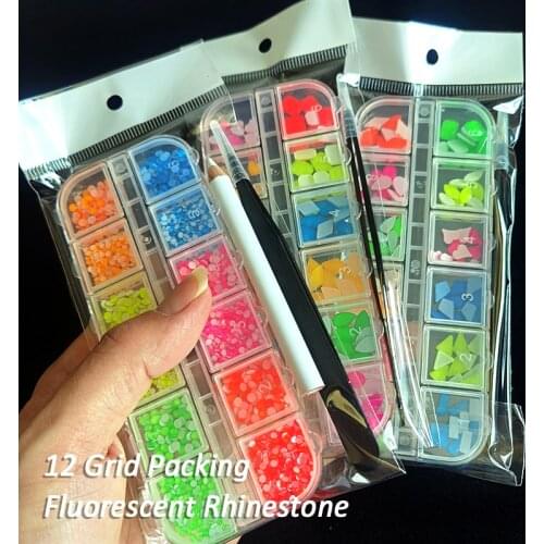 New12 Grid box Fluorescent Mix color Nail Art Rhinestone for Nails Glitter DIY Manicure Accessories