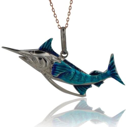Swordfish Necklace 925 Sterling Silver Sea Animal Ocean Charm Bridesmade Nautical Gift Blue Merlin