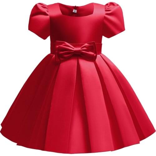Christmas Dress 2021 New Satin Puff Sleeve Girls Solid Color Bow Princess Dress For Girls Banquet Evening Dresses Party Dresses
