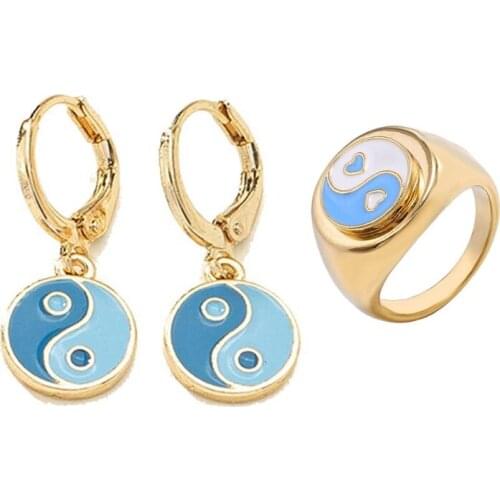 Vintage Color Dripping Gossip Earrings Simple Retro Yin Yang Tai Chi Earrings Ring For Women Girls Fashion Jewelry T84A