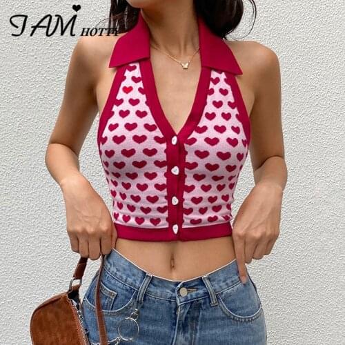 Y2k Red Heart Printed Knit Vest Summer Harajuku Vintage V Neck Halter Crop Top Button-up Camisole Knitwear Cardigan 2021Iamhotty