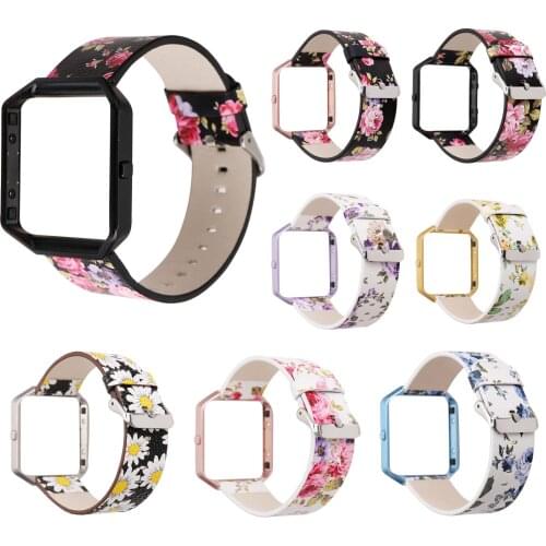 High Quality 23mm Floral Genuine Leather Wrist Strap For Fitbit Blaze Band Flower Bracelet & Colorful Metal Frame Case Cover