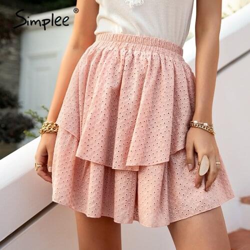 Simplee Pink Cotton High Waist Mini Skirt Casual Ruffled A-line Women Short Skirt Solid Summer Cotton Rmbroidered Female Skirt