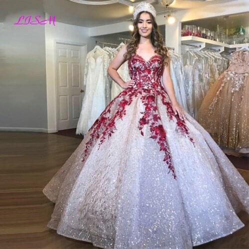 Sparkly Sequined Tulle Ball Gown Quinceanera Dresses Sleeveless Red Appliques Lace Beading Sweet 16 Dress Vestidos de 15 anos