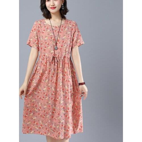 2021 New Arrival Loose Summer Dress Thin Soft Cotton Linen Print Floral Prairie Chic Women Casual Dress Office Lady Work Dress