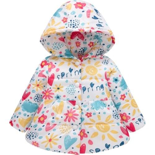 Winter Girls Hooded Print Fashion Cotton-Padded Clothes Children Buttons Cute Cotton Jackets Toddler Autumn European Clothes
