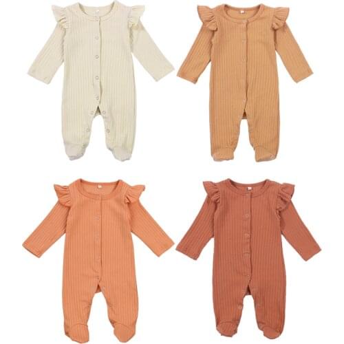 2020 Newborn Baby Unisex Clothes Footed Romper Cute Long Sleeve Solid Color Knitted One-Piece Jumpsuit Pajamas
