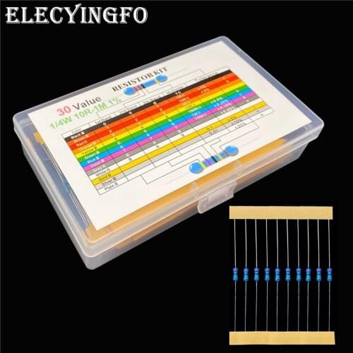 30 Values 1/4W 1% metal film resistors 5-Band-Code 10R-1M each 20 pieces Total 600 pieces Resistor Kit With Box