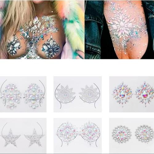 3D Crystal Chest Jewels Temporary Tattoo Sticker Rhinestone Flash Tattoos Adhesive Face Jewel Chest Gem Body Paint Sticker Stage