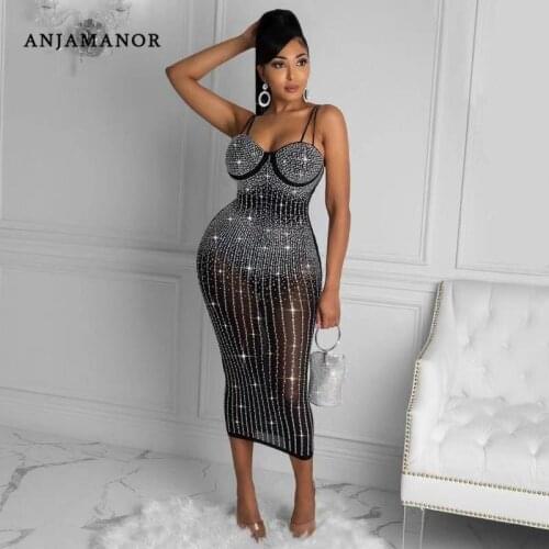 ANJAMANOR Sparkle Diamonds Party Dresses for Womens Clubwear Elegant Sexy Mesh Bodycon Long Dress Black Nude D35-FI41