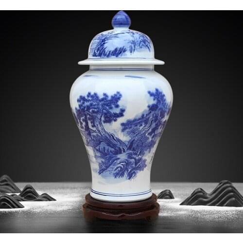 Jingdezhen Ceramics temple jar Blue And White Porcelain Ginger Jar Blue And White Landscape Pattern porcelain decorative jar