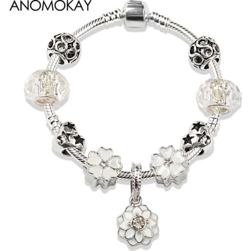 Dropshipping Hot Classic White Enamel Crystal Bead Bracelet Antique Silver Color Diy Charm Bracelet Fashion Jewelry for Women