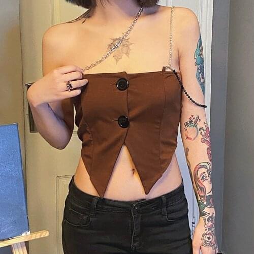 Summer 90s Streetwear E-girl Aesthetic Printing Vintage Halter Camis With Chain Gothic Slash Neck Slim Crop Tee Matching Set