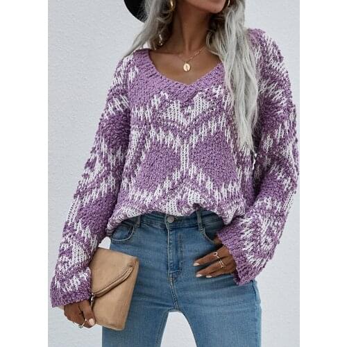 Fashion Autumn Long Sleeve V-Neck Knitted Hole Sweaters Casual Rhomboid Printing Tops Loose Cardigan Womens Sweater 2021