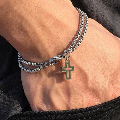 Trendy Stainless Steel Bangle Bracelet Men Cross Hollow Out Double Chain Pendant Necklaces Jewelry for Party