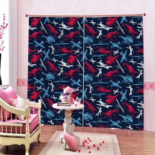 Cartoon Colorful Aircraft Curtain For Living room bedroom Dark blue background Blackout Window Curtains Indoor Decor