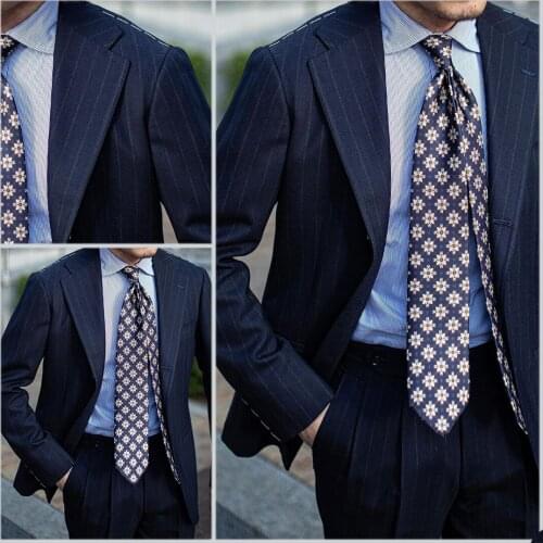 Smart Navy Pinstripe Mens Customized Wedding Tuxedos Slim Fit Groom Wear Dinner Prom Party Blazer (Jacket+Pants)