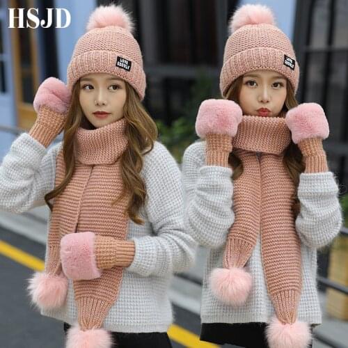 2018 New Women Winter Hat Scarf /Gloves Sets Female Three - piece Knitted Hats Scarf Set Caps for Girl Warm Skullies Beanies hat