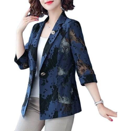 Summer Floral Womens Blazer Coat 2021 New Womens Jacket Lace Thin Suit Outerwear 3/4 Sleeve Casual Womens Clothing 4XL