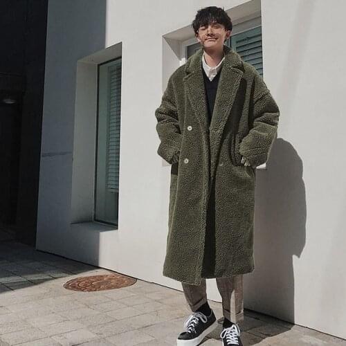 2021 New Men Autumn Winter Faux Sheepskin Fur Jackets Male Loose Casual Fashion Long Outwear Warm Korea Style Coats D151