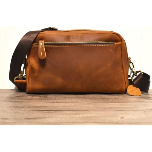 Hand Made Fashion Casual Crazy Horse Leather Mens Crossbody Bags Real Cowskin Shoulder Messenger Bags Sling Phone Clutch Bags