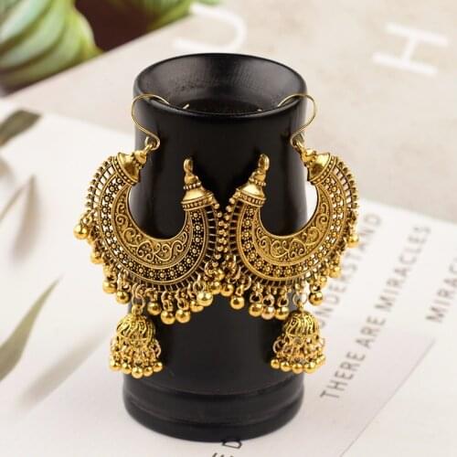 TopHanqi Boho Vintage Indian Jhumka Small Bell Tassel Drop Earring Gypsy Jewelry Alloy Carved Dangle Hanging Earrings For Women